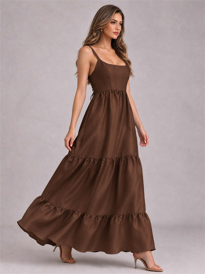 Square Neck A-Line Spaghetti Straps Satin Sleeveless Floor-Length Wedding Guest Dress