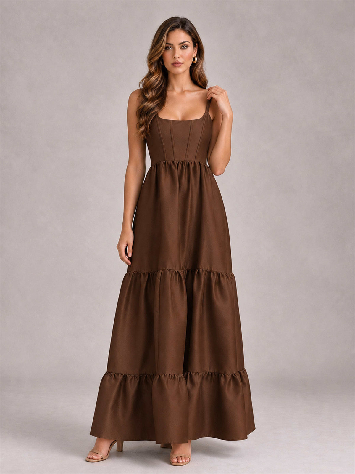 Square Neck A-Line Spaghetti Straps Satin Sleeveless Floor-Length Wedding Guest Dress