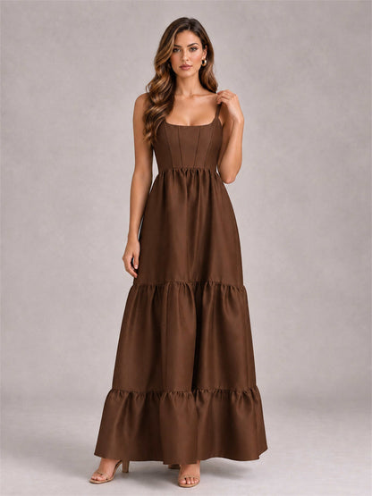Square Neck A-Line Spaghetti Straps Satin Sleeveless Floor-Length Wedding Guest Dress