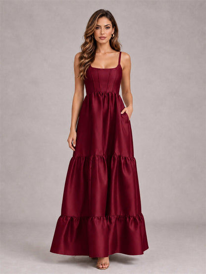Square Neck A-Line Spaghetti Straps Satin Sleeveless Floor-Length Wedding Guest Dress