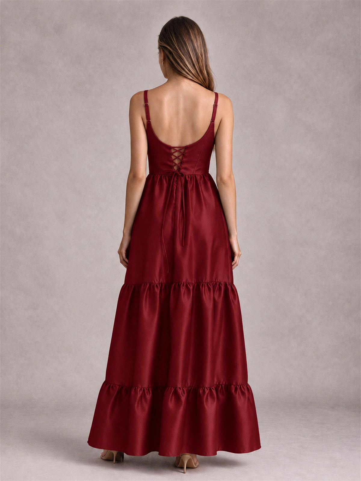 Square Neck A-Line Spaghetti Straps Satin Sleeveless Floor-Length Wedding Guest Dress