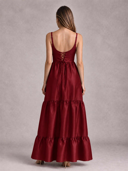 Square Neck A-Line Spaghetti Straps Satin Sleeveless Floor-Length Wedding Guest Dress