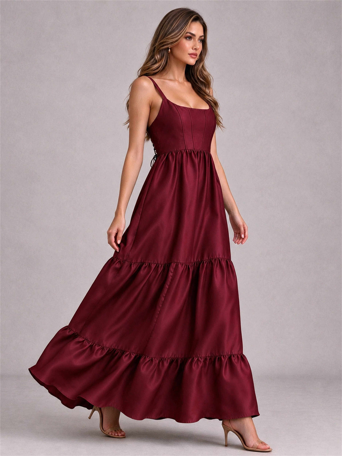 Square Neck A-Line Spaghetti Straps Satin Sleeveless Floor-Length Wedding Guest Dress