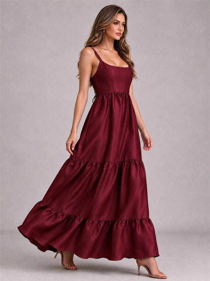 Square Neck A-Line Spaghetti Straps Satin Sleeveless Floor-Length Wedding Guest Dress