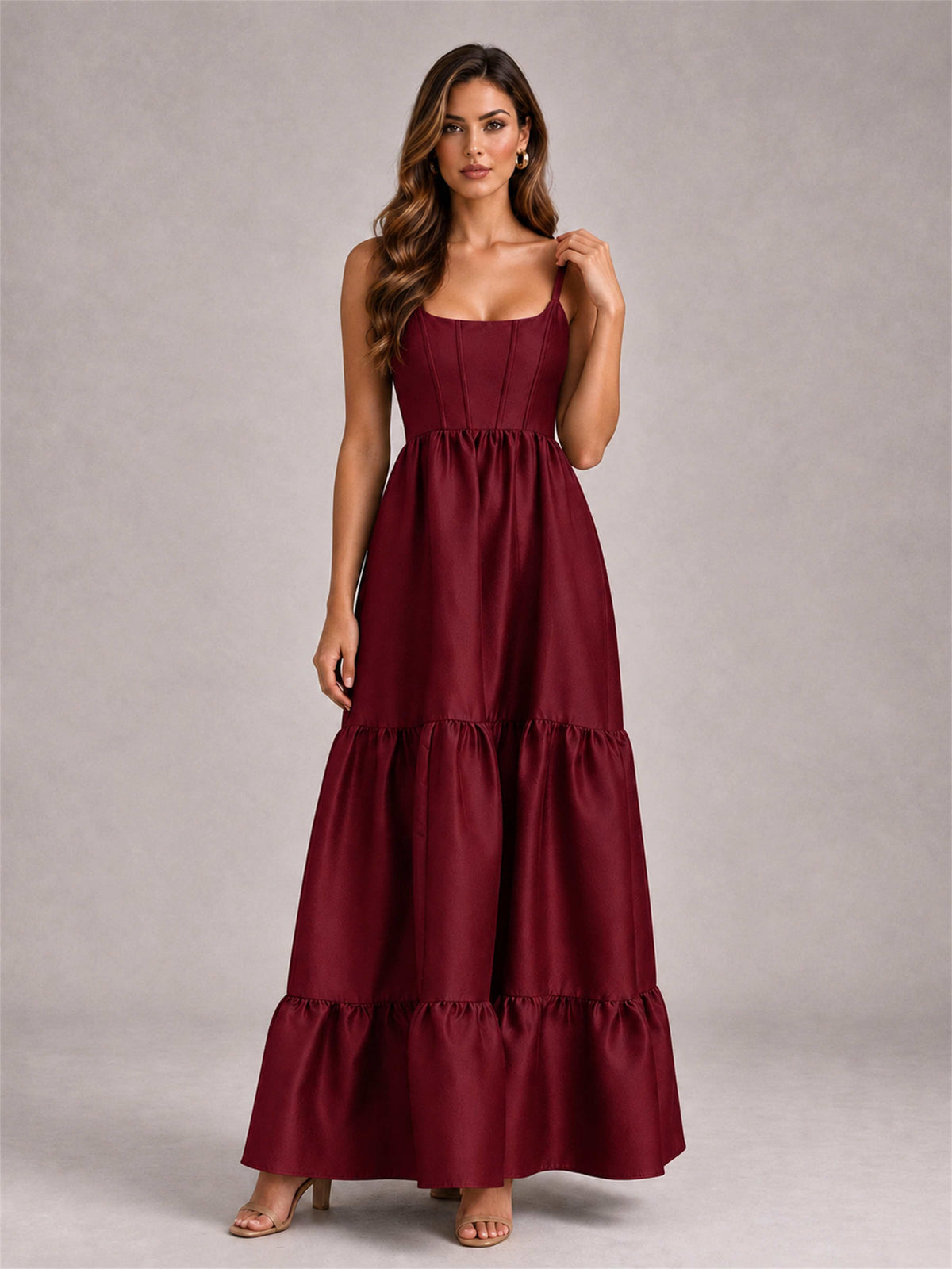 Square Neck A-Line Spaghetti Straps Satin Sleeveless Floor-Length Wedding Guest Dress