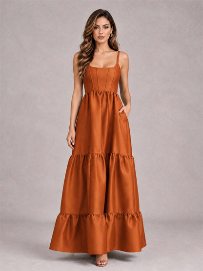 Square Neck A-Line Spaghetti Straps Satin Sleeveless Floor-Length Wedding Guest Dress