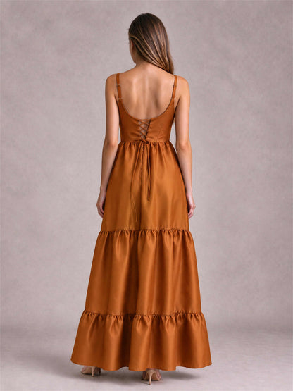 Square Neck A-Line Spaghetti Straps Satin Sleeveless Floor-Length Wedding Guest Dress