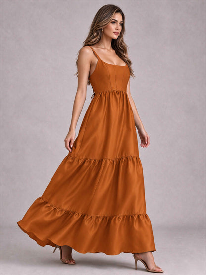 Square Neck A-Line Spaghetti Straps Satin Sleeveless Floor-Length Wedding Guest Dress