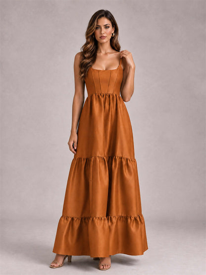 Square Neck A-Line Spaghetti Straps Satin Sleeveless Floor-Length Wedding Guest Dress