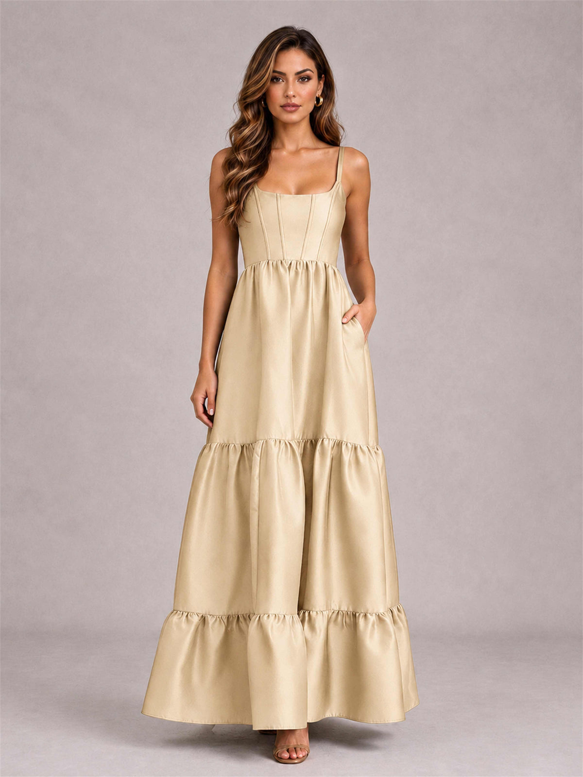 Square Neck A-Line Spaghetti Straps Satin Sleeveless Floor-Length Wedding Guest Dress