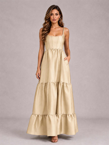 Square Neck A-Line Spaghetti Straps Satin Sleeveless Floor-Length Wedding Guest Dress