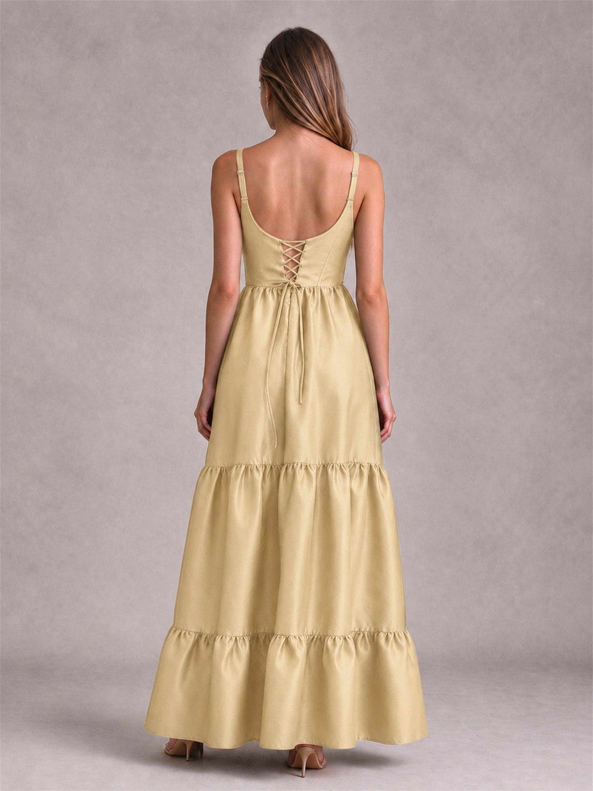 Square Neck A-Line Spaghetti Straps Satin Sleeveless Floor-Length Wedding Guest Dress