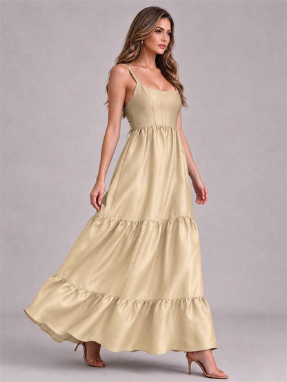 Square Neck A-Line Spaghetti Straps Satin Sleeveless Floor-Length Wedding Guest Dress