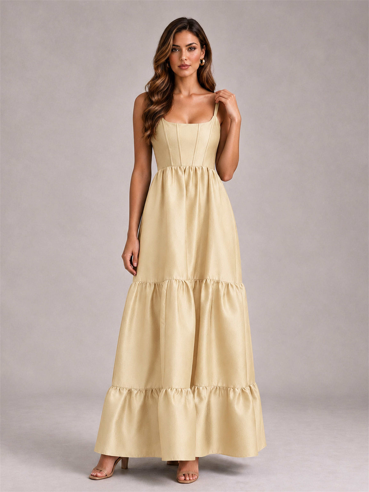 Square Neck A-Line Spaghetti Straps Satin Sleeveless Floor-Length Wedding Guest Dress