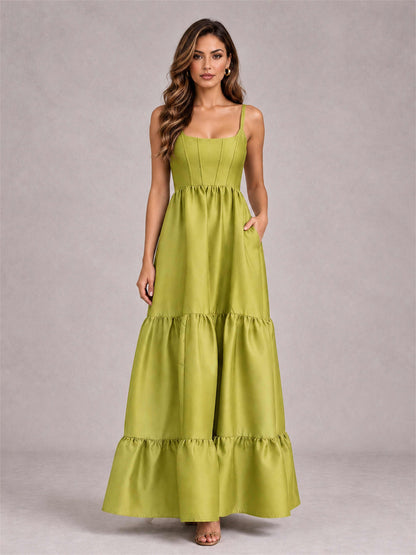 Square Neck A-Line Spaghetti Straps Satin Sleeveless Floor-Length Wedding Guest Dress