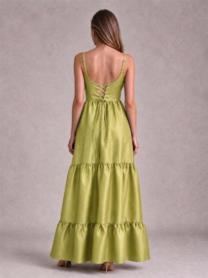 Square Neck A-Line Spaghetti Straps Satin Sleeveless Floor-Length Wedding Guest Dress