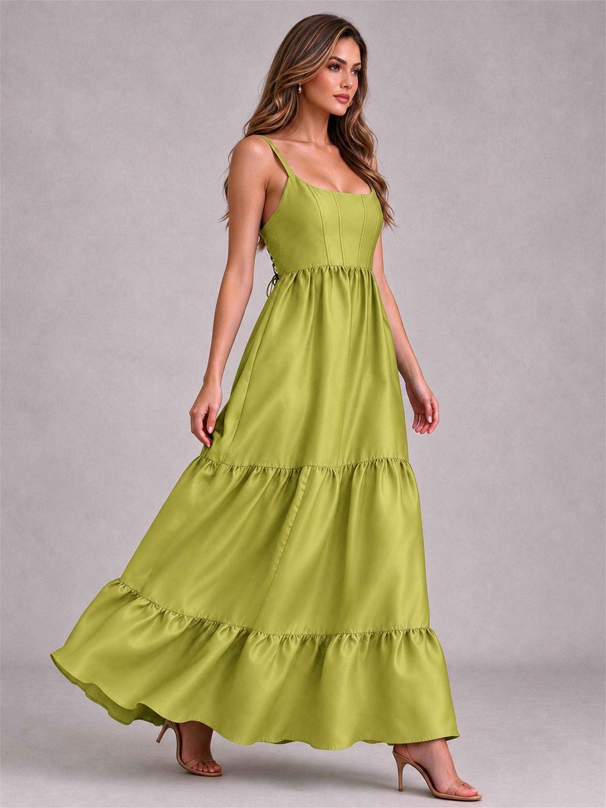 Square Neck A-Line Spaghetti Straps Satin Sleeveless Floor-Length Wedding Guest Dress