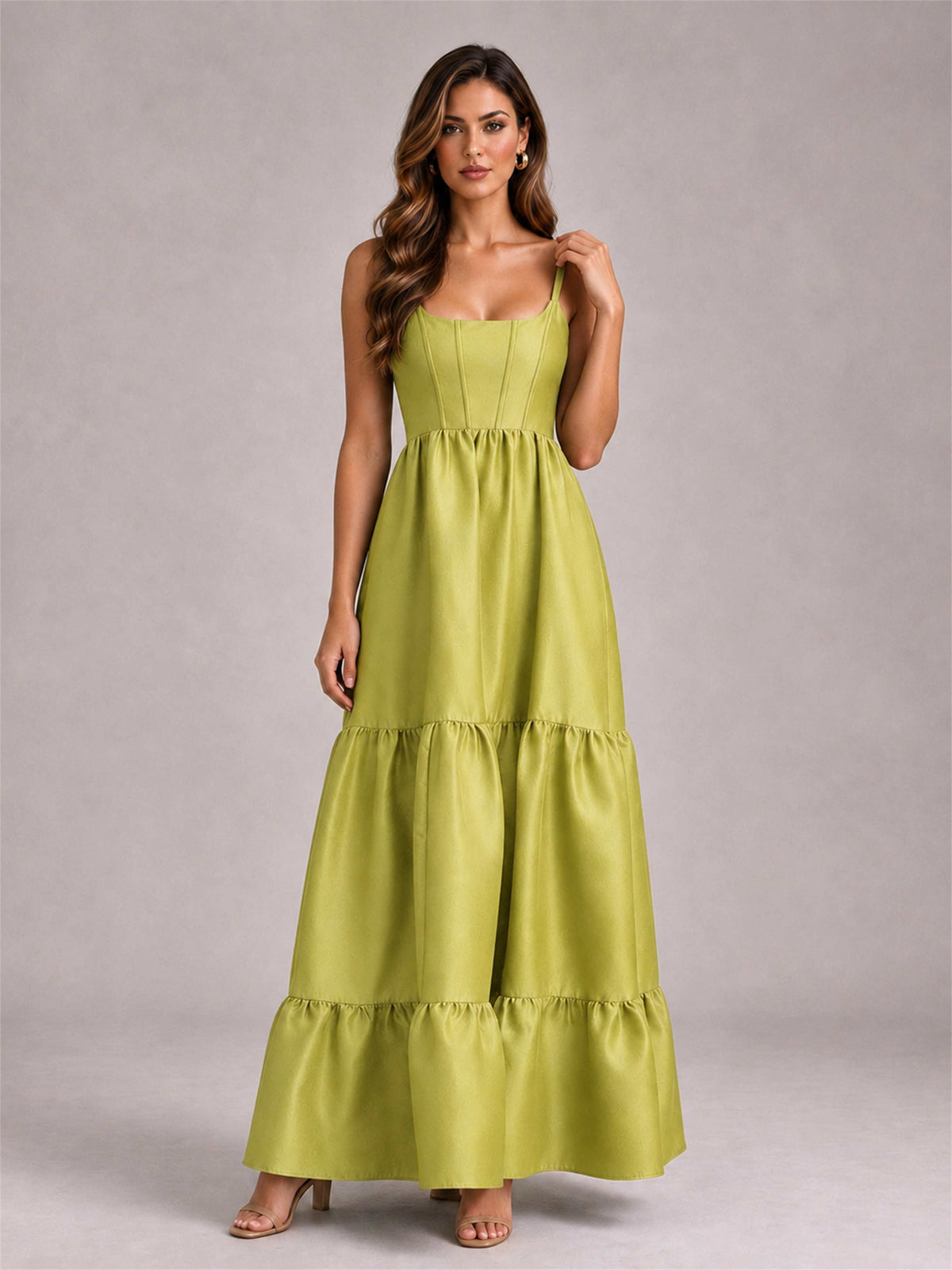 Square Neck A-Line Spaghetti Straps Satin Sleeveless Floor-Length Wedding Guest Dress
