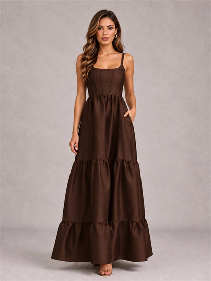 Square Neck A-Line Spaghetti Straps Satin Sleeveless Floor-Length Wedding Guest Dress