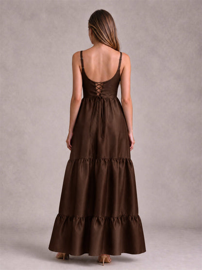 Square Neck A-Line Spaghetti Straps Satin Sleeveless Floor-Length Wedding Guest Dress