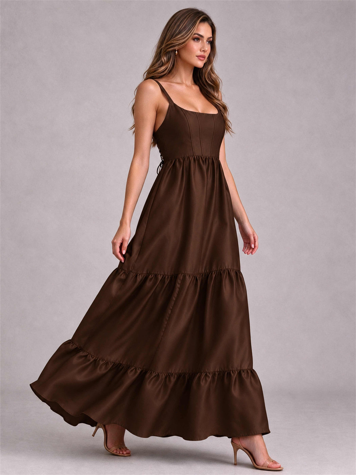 Square Neck A-Line Spaghetti Straps Satin Sleeveless Floor-Length Wedding Guest Dress