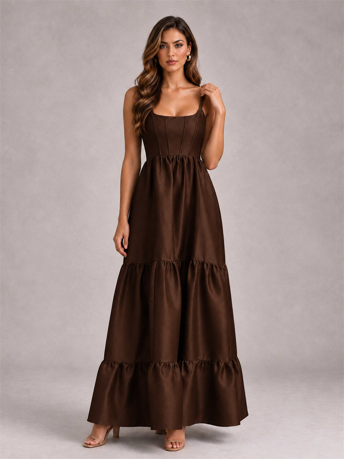 Square Neck A-Line Spaghetti Straps Satin Sleeveless Floor-Length Wedding Guest Dress