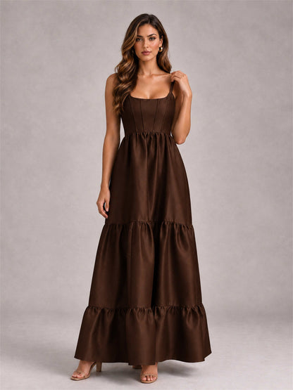 Square Neck A-Line Spaghetti Straps Satin Sleeveless Floor-Length Wedding Guest Dress
