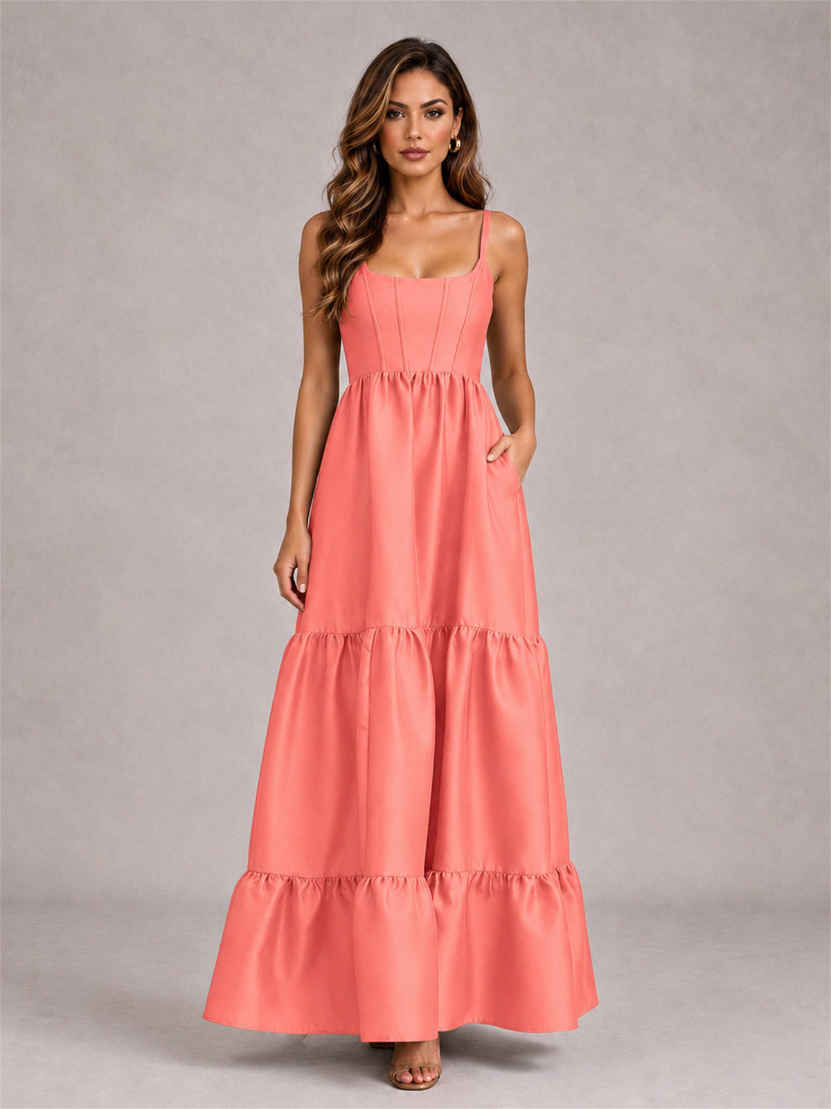Square Neck A-Line Spaghetti Straps Satin Sleeveless Floor-Length Wedding Guest Dress