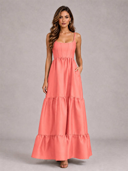 Square Neck A-Line Spaghetti Straps Satin Sleeveless Floor-Length Wedding Guest Dress