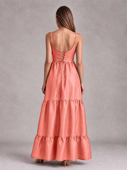 Square Neck A-Line Spaghetti Straps Satin Sleeveless Floor-Length Wedding Guest Dress
