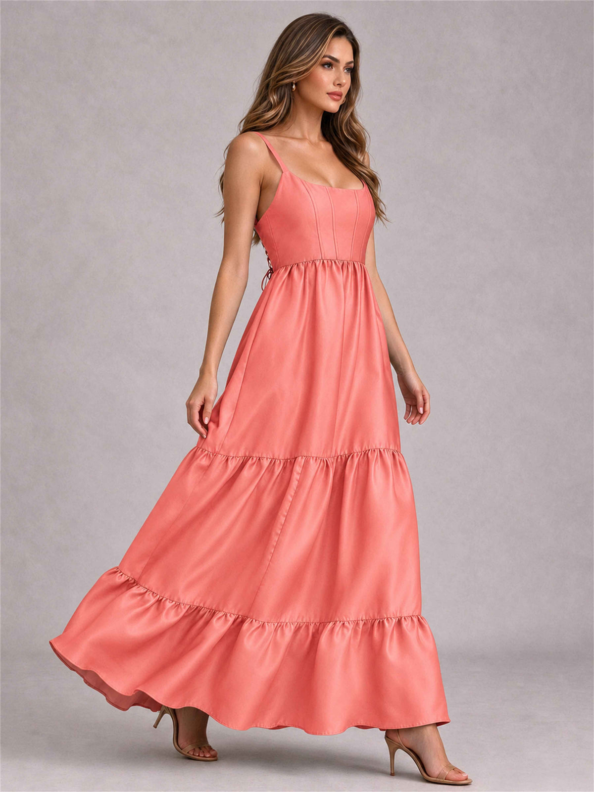 Square Neck A-Line Spaghetti Straps Satin Sleeveless Floor-Length Wedding Guest Dress