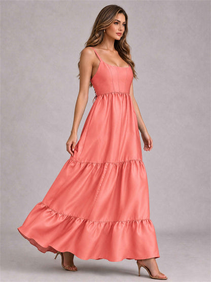 Square Neck A-Line Spaghetti Straps Satin Sleeveless Floor-Length Wedding Guest Dress