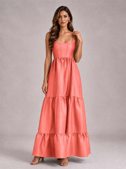 Square Neck A-Line Spaghetti Straps Satin Sleeveless Floor-Length Wedding Guest Dress