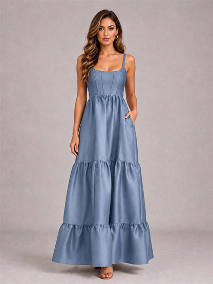 Square Neck A-Line Spaghetti Straps Satin Sleeveless Floor-Length Wedding Guest Dress