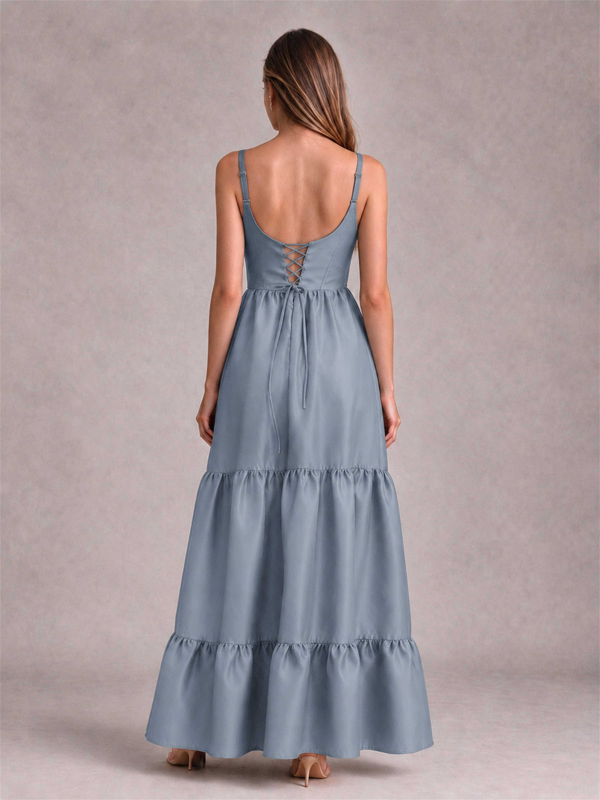 Square Neck A-Line Spaghetti Straps Satin Sleeveless Floor-Length Wedding Guest Dress