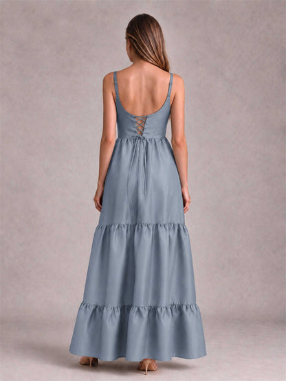 Square Neck A-Line Spaghetti Straps Satin Sleeveless Floor-Length Wedding Guest Dress