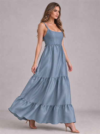 Square Neck A-Line Spaghetti Straps Satin Sleeveless Floor-Length Wedding Guest Dress