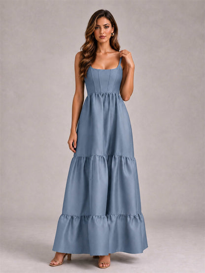Square Neck A-Line Spaghetti Straps Satin Sleeveless Floor-Length Wedding Guest Dress