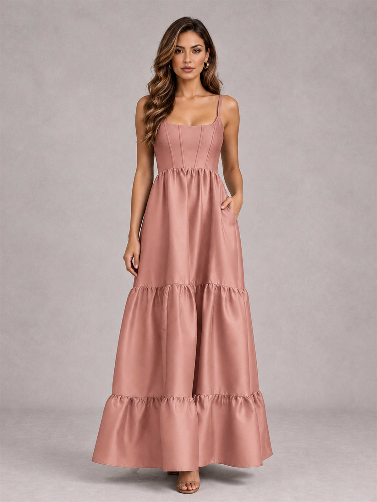 Square Neck A-Line Spaghetti Straps Satin Sleeveless Floor-Length Wedding Guest Dress