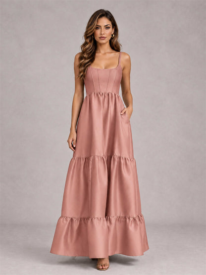 Square Neck A-Line Spaghetti Straps Satin Sleeveless Floor-Length Wedding Guest Dress