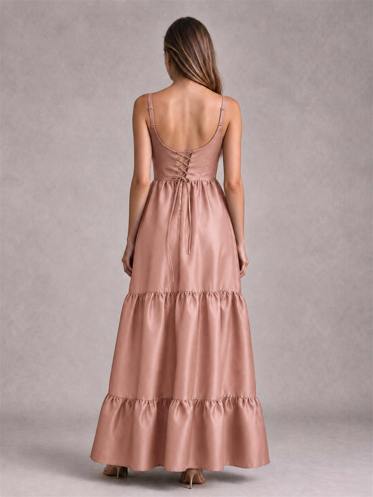 Square Neck A-Line Spaghetti Straps Satin Sleeveless Floor-Length Wedding Guest Dress