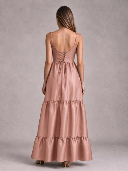 Square Neck A-Line Spaghetti Straps Satin Sleeveless Floor-Length Wedding Guest Dress