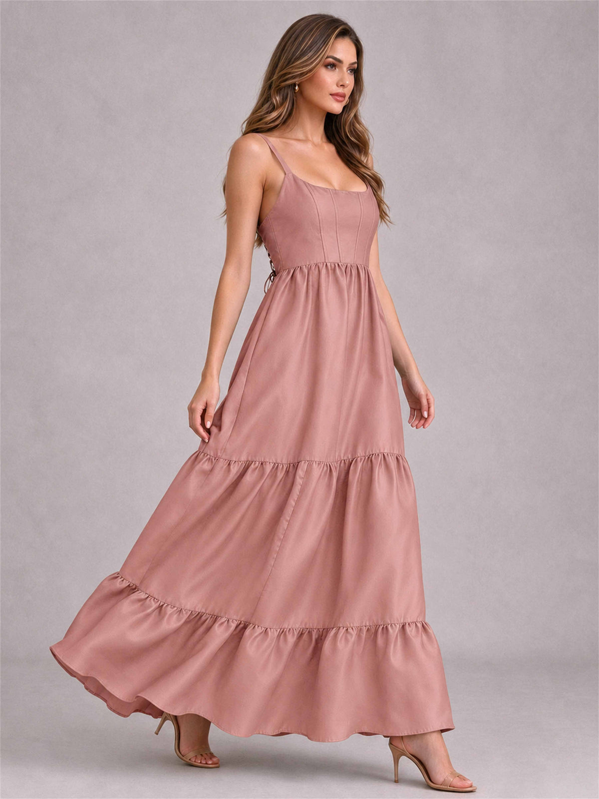 Square Neck A-Line Spaghetti Straps Satin Sleeveless Floor-Length Wedding Guest Dress