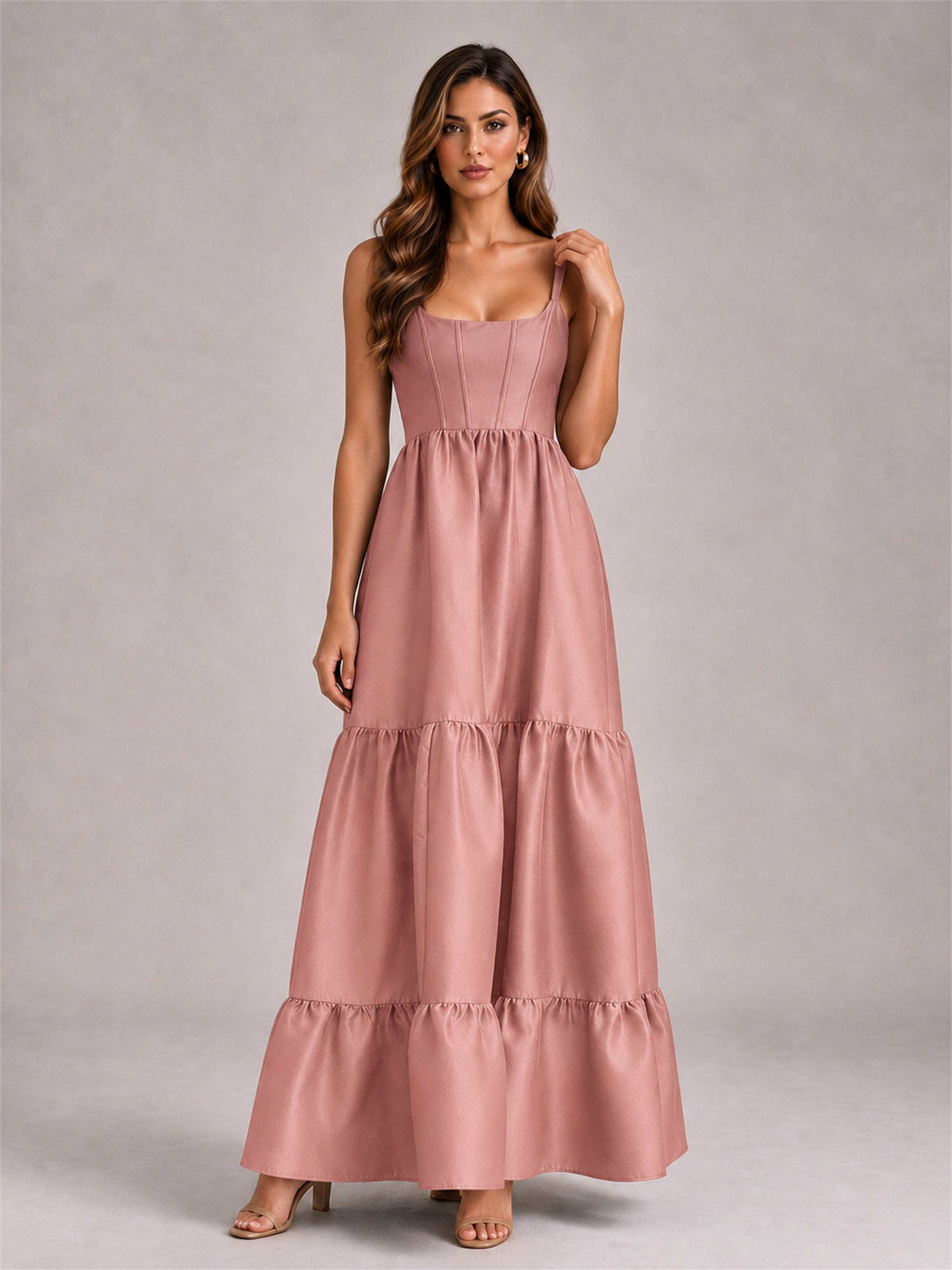 Square Neck A-Line Spaghetti Straps Satin Sleeveless Floor-Length Wedding Guest Dress