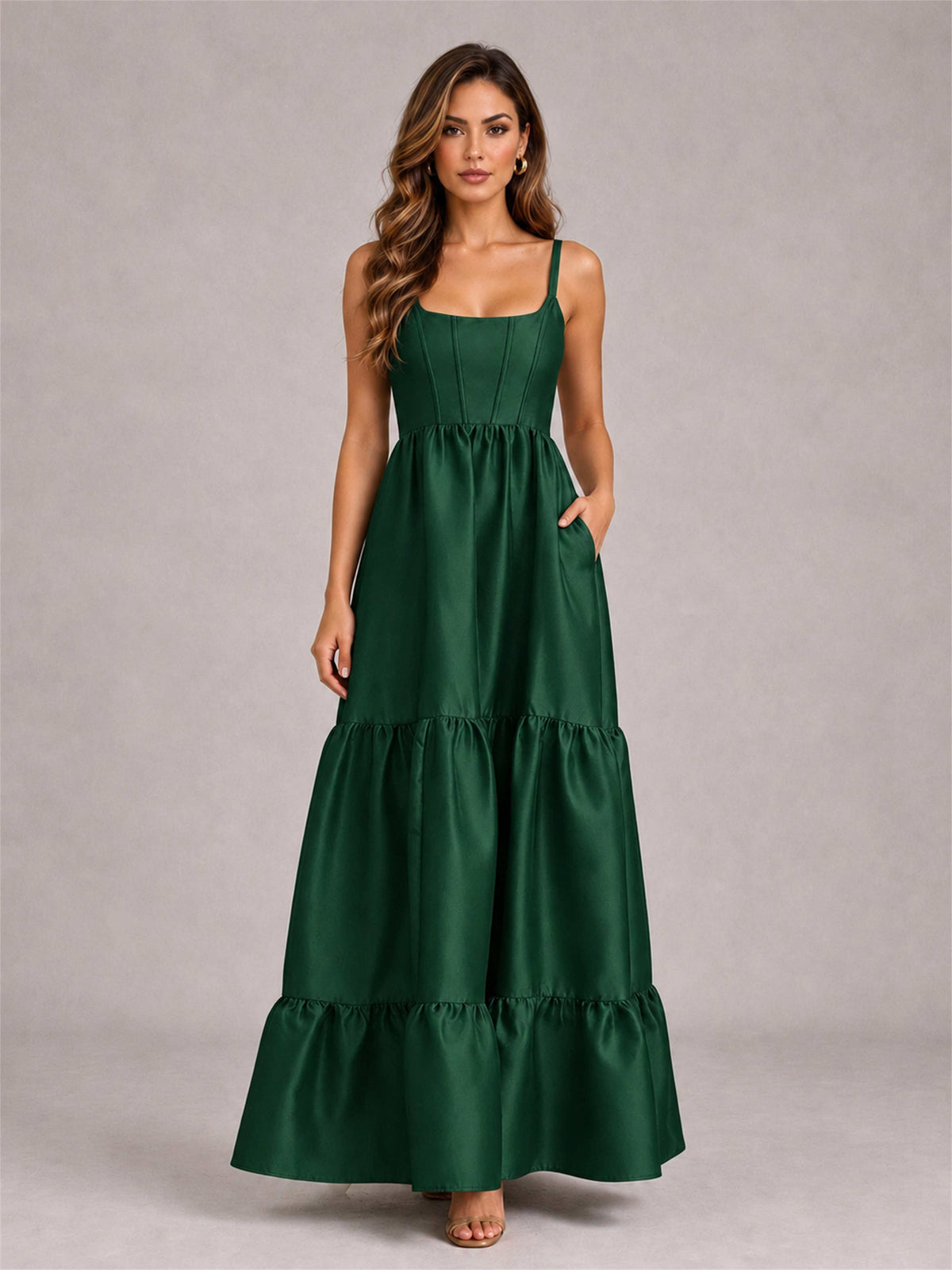 Square Neck A-Line Spaghetti Straps Satin Sleeveless Floor-Length Wedding Guest Dress