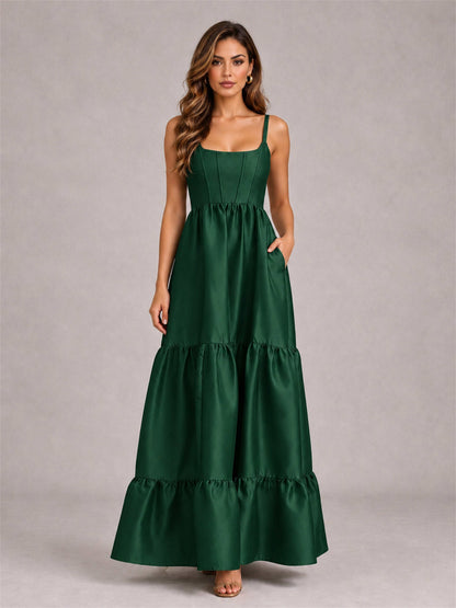 Square Neck A-Line Spaghetti Straps Satin Sleeveless Floor-Length Wedding Guest Dress