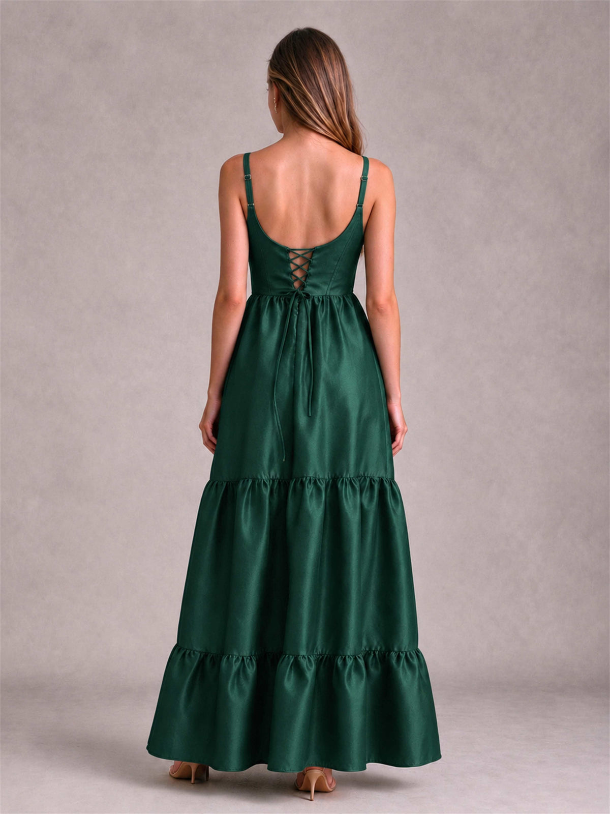 Square Neck A-Line Spaghetti Straps Satin Sleeveless Floor-Length Wedding Guest Dress