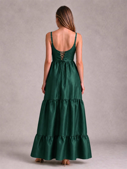 Square Neck A-Line Spaghetti Straps Satin Sleeveless Floor-Length Wedding Guest Dress