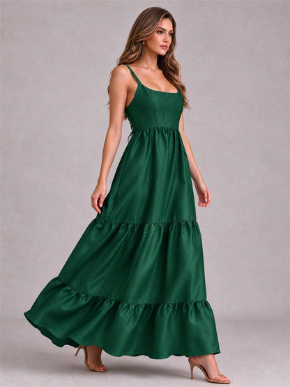 Square Neck A-Line Spaghetti Straps Satin Sleeveless Floor-Length Wedding Guest Dress