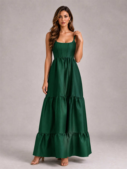 Square Neck A-Line Spaghetti Straps Satin Sleeveless Floor-Length Wedding Guest Dress